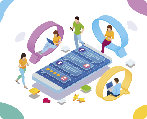 Ilustração representando pessoas utilizando aparelhos eletrônicos. No centro da ilustração, há uma tela grande com caixas de texto e silhuetas de pessoas, simbolizando conversas online. Ao redor da tela, há balões de fala com pessoas sentadas dentro, utilizando celulares e computadores. Há também duas pessoas em pé com celulares nas mãos. No chão, há ícones quadrados, corações e estrelas.