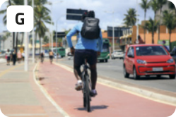 G. Fotografia de uma pessoa andando de bicicleta em uma ciclofaixa. A pessoa está usando uma mochila nas costas. Há carros na rua, vegetação, e prédios.