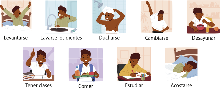 Ilustração com quadrinhos das atividades que costumam ser realizadas ao longo de um dia.  'Levantarse': Jovem se espreguiçando na cama; 'Lavarse los dientes': Jovem escovando os dentes; 'Ducharse': Jovem tomando banho de chuveiro; 'Cambiarse': Jovem colocando uma camiseta; 'Desayunar': Jovem tomando café da manhã; 'Tener clases': Jovem sentado em uma carteira escolar, anotando no caderno, e levantando a mão; 'Comer': Jovem segurando uma bandeja de comida; 'Estudiar': Jovem sentado a uma mesa escrevendo em um caderno; 'Acostarse': Jovem dormindo em sua cama.