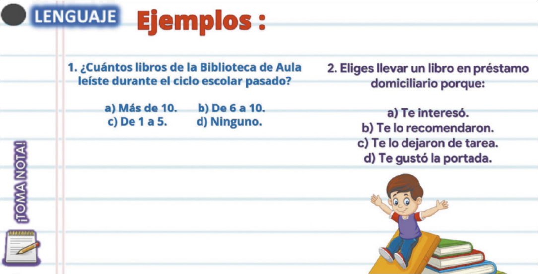 Ilustração de uma folha de caderno onde está escrito: 'Lenguaje. Ejemplos:  1. ¿Cuántos libros de la Biblioteca de Aula leíste durante el ciclo escolar pasado? a. Más de 10; b. De 6 a 10; c. De 1 a 5; d. Ninguno.  2. Eliges llevar un libro en préstamo domiciliario porque: a. Te interesó; b. Te lo recomendaron; c. Te lo dejaron de tarea; d. Te gustó la portada'. Na parte inferior, há a ilustração de uma criança escorregando em uma pilha de livros com os braços para cima.