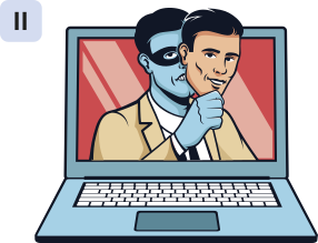 2. Ilustração da tela de um computador com a imagem de um homem segurando uma máscara na frente do rosto. O homem está usando um terno e a máscara mostra uma expressão facial amigável, enquanto o seu rosto real tem um aspecto ameaçador e sério.