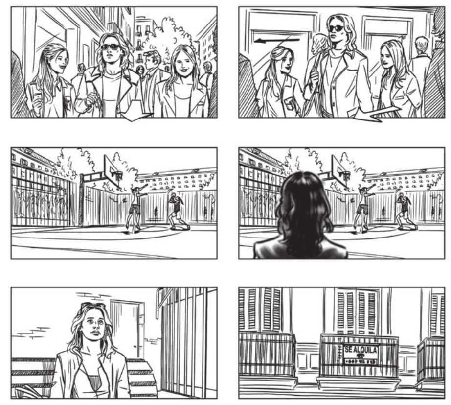 'Storyboard' em 6 quadros, com ilustrações em preto e branco. Quadro 1: Há três pessoas caminhando juntas em um centro urbano. No centro, há uma pessoa de cabelos claros cortados na altura dos ombros, usando óculos escuros, jaqueta e uma bolsa, enquanto olha para a frente. De ambos os lados da pessoa, estão duas mulheres de cabelos longos, lisos e claros, também usando jaquetas. Uma delas encara a pessoa do centro, enquanto a outra está olhando para a frente. Ambas têm uma expressão alegre, enquanto a pessoa no centro está séria. Ao fundo, há prédios, árvores e outras pessoas. Há uma seta desenhada que está apontando para a frente. Quadro 2: As mesmas pessoas do quadro 1, agora representadas em outro ângulo. A pessoa no centro segue olhando para a frente com uma expressão séria, enquanto as mulheres estão alegres. Ao fundo, um prédio com duas janelas, e outras pessoas. Há uma seta apontando para a esquerda acima da cabeça de uma das mulheres, e outra seta abaixo da outra mulher, também apontando para a esquerda. Quadro 3: Há uma quadra, onde dois jovens jogam basquete. Há uma cesta de basquete, uma cerca delimitando a quadra, e algumas árvores e prédios ao fundo. Quadro 4: A mesma cena do quadro 3, agora representada com a adição de uma pessoa de costas olhando os jovens. A pessoa tem os cabelos compridos e negros. Quadro 5: Há uma mulher sentada em um banco. Ela tem os cabelos claros cortados na altura dos ombros, e óculos escuros posicionados no topo da cabeça. Ela está usando jaqueta e tem uma expressão séria. Ao fundo, há um portão, uma porta, e uma parede de tijolos. Quadro 6: Há a fachada de um prédio com visão para três sacadas com portas fechadas. A sacada do meio possui um cartaz onde está escrito: 'Se alquila', e um número de telefone logo abaixo.