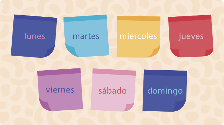 Ilustração de folhas de calendários contendo os dias da semana. São eles: 'lunes', 'martes', 'miércoles', 'jueves', 'viernes', 'sábado' e 'domingo'.