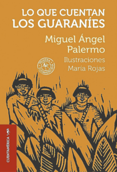Capa de livro com a ilustração de três homens indígenas atrás de folhas largas de plantas. A ilustração é preta e o fundo é laranja. O título está em letras brancas, na porção superior.