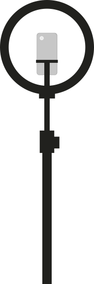 Ilustração de um anel de luz com um celular apoiado no centro. O anel de luz é uma estrutura semelhante a um tripé, com uma estrutura em forma de bastão comprida, com um círculo com luzes na ponta superior. No centro do círculo, há uma estrutura onde pode ser encaixado o celular.