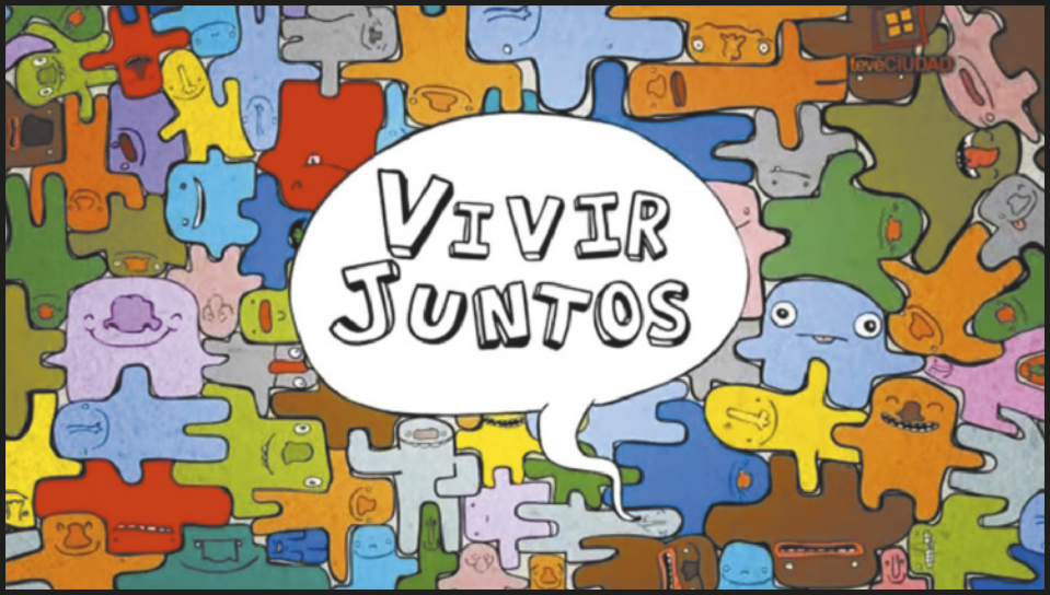 Imagem representando um balão de fala, onde está escrito: 'Vivir juntos'. Ao redor do balão de fala, ocupando o restante do espaço disponível, estão figuras coloridas, densamente agrupadas, semelhantes a desenhos animados. Essas figuras têm formas simples, com bordas arredondadas representando braços, pernas, tronco e cabeça. Na cabeça, as figuras possuem pequenas feições faciais, como olhos, nariz e bocas. O balão de fala está saindo da boca de uma dessas ilustrações.