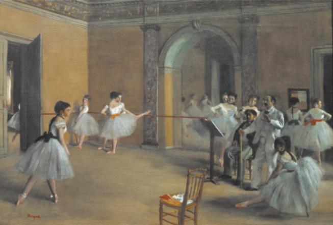 Fotografia de uma pintura. Na imagem estão várias bailarinas em posição de passos de balé. Elas usam saias de tule, translúcidas, estão em um salão com um arco arquitetônico.