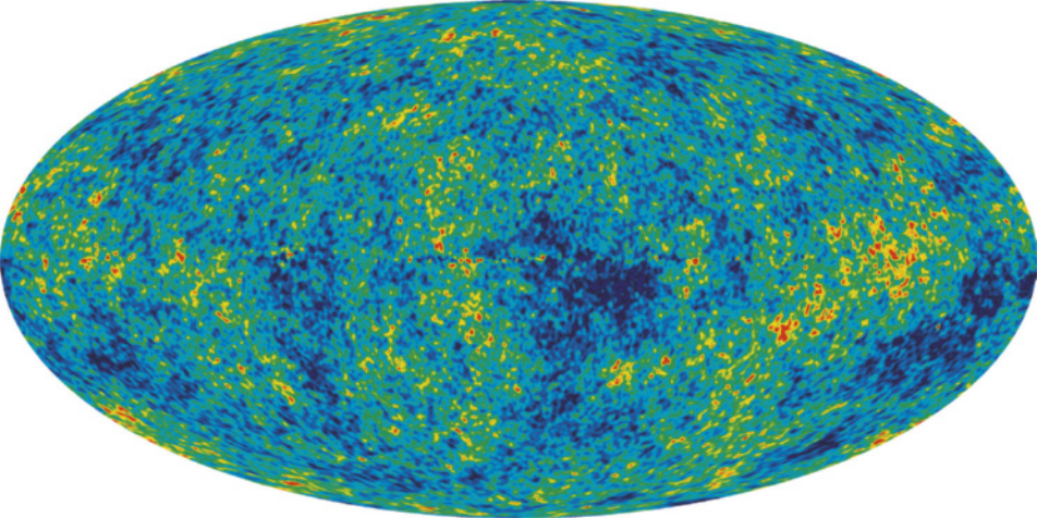 Imagem de um mapa de radiação cósmica. Imagem em formato oval, na posição horizontal, com diferentes nuances de cores em sua extensão, representando as variações de temperatura.