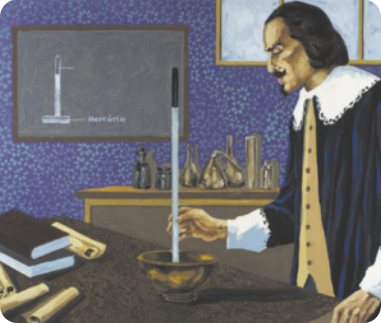 Ilustração de Torricelli em seu laboratório, que tem livros, sobre a mesa. Ele usa cabelo nos ombros, roupa com gola e gravata, está segurando um tubo de vidro comprido, dentro de um recipiente.