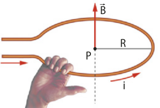 Representação da regra da mão direita para uma espira percorrida por corrente elétrica. Na imagem uma mão direita de uma pessoa segura a espira. No centro da espira 'B' seta para cima é perpendicular a 'P' no centro da espira, distante 'R' da extremidade da espira, com 'i' circular.