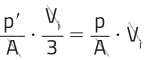 Expressão: 'p linha' dividido por 'A' vezes 'V1' dividido por três igual a 'p' dividido por 'A' vezes 'V2'.
