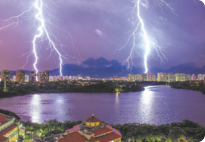 Fotografia de uma paisagem de uma cidade a noite, com raios iluminando o céu.