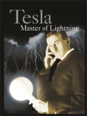 Capa do documentário 'TESLA: O mestre dos raios'. Imagem de um homem, com uma das mãos apoiando o rosto e a outra mão segurando uma lâmpada acesa. Raios ao fundo.