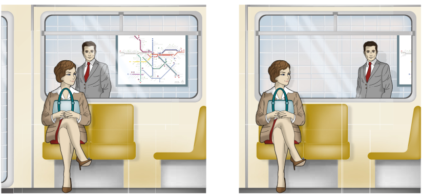 Ilustração em dois quadros. No primeiro, há uma mulher sentada em um banco, no vagão de um trem. Atrás dela há uma janela, pela qual vemos um homem em pé, parado na plataforma da estação. Ele está ao lado de um mapa da malha ferroviária, pendurado na parede. O homem aparece à esquerda da janela e o mapa, à direita. No segundo quadro, a mulher permaneceu na mesma posição. Porém, agora, o homem aparece à direita na janela, e o mapa não aparece mais.