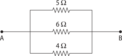 Representação de circuito elétrico. Uma reta horizontal 'A','B', com três resistores paralelos, de cima para baixo: resistor '5 ohms', '6 ohms' e '4 ohms'.