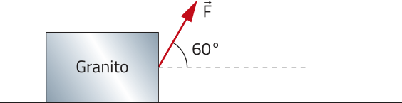 Ilustração de um bloco retangular escrito' Granito'. Do centro da lateral direita do bloco, sai uma seta 'F' inclinada 60 graus para cima.