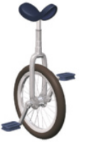 Fotografia de um monociclo. Uma roda de bicicleta com pedais e banco.