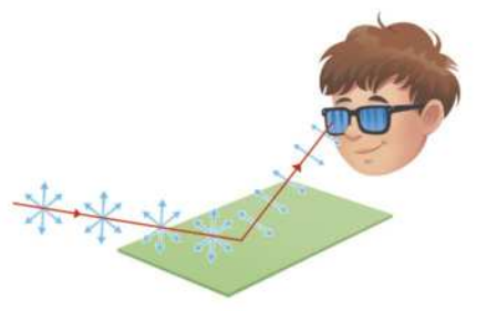 Representação da luz refletida em uma superfície e posteriormente bloqueada pela ação de óculos com lentes polarizadas. Na imagem uma pessoa do lado direito da imagem, usa óculos de Sol, com lentes polarizadas. A sua frente uma superfície retangular, está na posição horizontal. Um fixe de luz, vindo da parte esquerda da imagem, incide na superfície, uma seta representa a reflexão da luz, que termina nas lentes dos óculos.