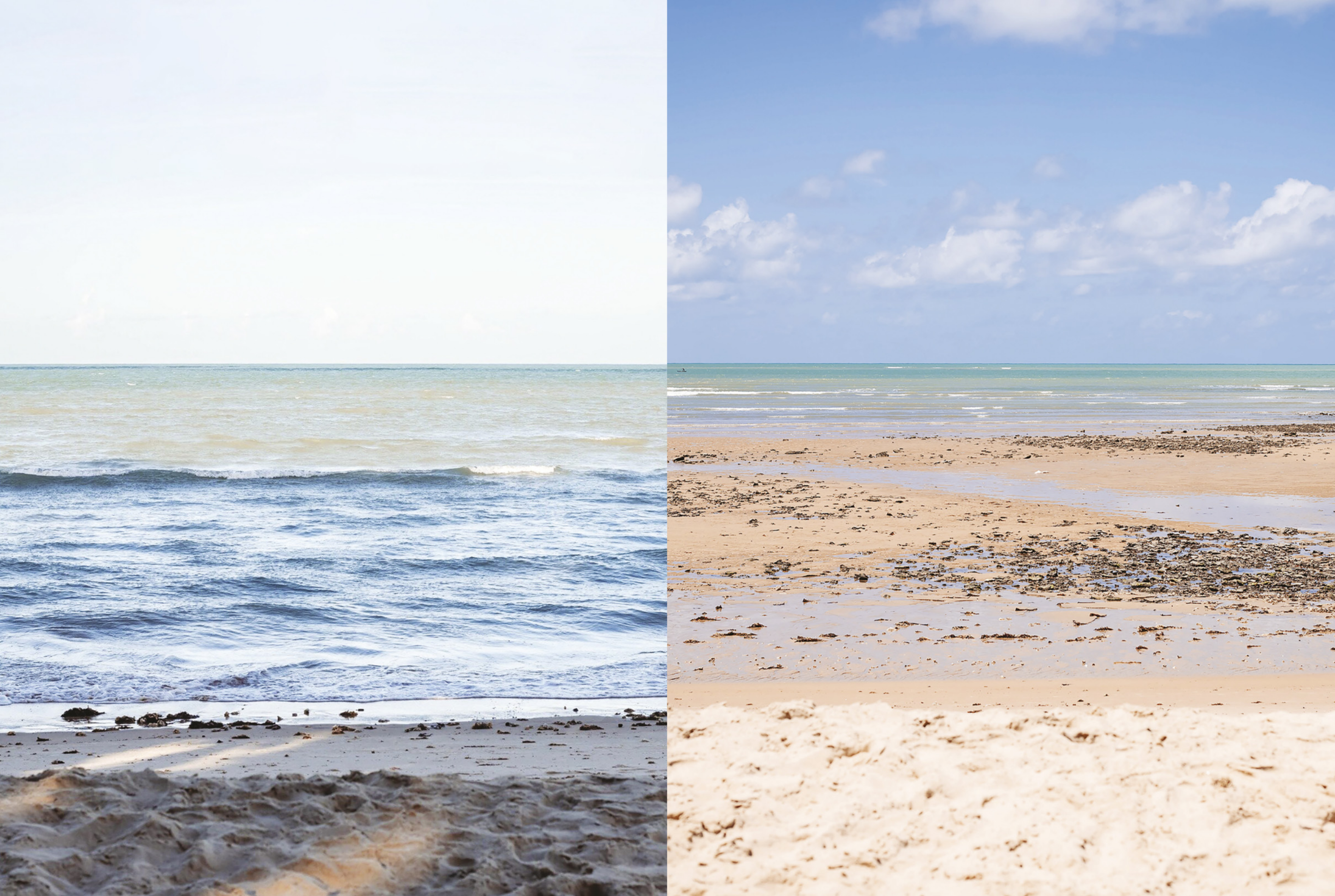 Fotografia que mostra dois momentos da maré em uma praia. Na imagem da esquerda, a maré está mais alta, com o mar próximo da faixa de areia e pequenas ondas alcançando a praia. O céu está claro e sem nuvens. Na imagem da direita, a maré está baixa, deixando uma ampla faixa de areia exposta, com pequenas poças de água e restos de vegetação marinha espalhados.  O céu está claro e com poucas nuvens.