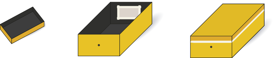 Ilustração  de três imagens.1] Uma tampa de caixa de papelão pintada de preto no interior.2] Uma caixa de papelão sem tampa, mostrando seu interior pintado de preto, com um furo na frente e um papel dentro.3]uma caixa de papelão com tampa.