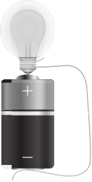 Ilustração de um esquema de ligação elétrica. Na imagem, uma pilha cilíndrica, com o polo positivo para cima. Ao lado, uma lâmpada, ligada aos dois polos, positivo e negativo, por um fio paralelo.