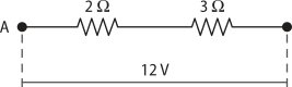 Circuito elétrico 'A' com dois resistores 2 ohms e um ohm, 12v.