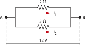 Circuito elétrico com dois pontos 'A' a esquerda e 'B' a direita com dois resistores paralelos, acima 2 ohms e abaixo 3 ohms, 12 v.