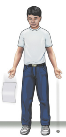 Ilustração de um garoto em pé, com os braços esticados ao lado do corpo, soltando uma folha de papel com a mão direita e uma borracha com a mão esquerda. A ilustração mostra que a borracha chega ao chão antes da folha, que ainda está no ar.