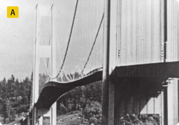 Fotografia em preto e branco de uma ponte suspensa, por cabos de aço.