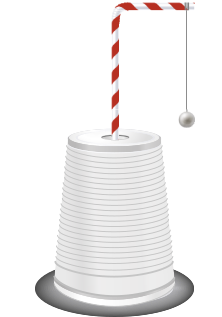Ilustração de um aparato. Na imagem, um copo plástico virado com o fundo para cima. No copo, um canudo com a ponta dobrada, enfiado no centro .Na ponta do canudo, um fio com uma pequena esfera pendurada.