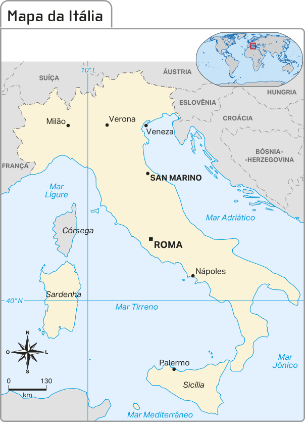 Representação do mapa da Itália, com duas cidades em destaque, Roma e San Marino.