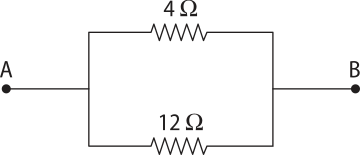 Representação de um circuito elétrico. Dois resistores elétricos paralelos: acima '4 ohms' e abaixo '12 ohms'. Dois pontos 'A' a esquerda e 'B' a direita dos circuitos.