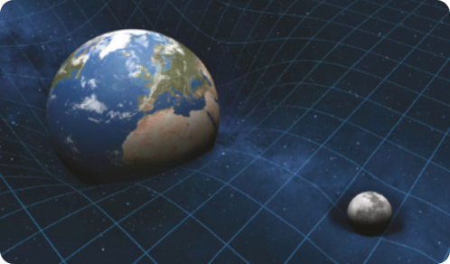 Ilustração do planeta Terra e da Lua no espaço, apoiadas em uma malha quadriculada e distorcida proporcionalmente ao tamanho de cada esfera.