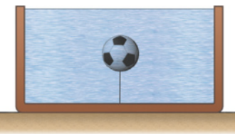 Ilustração de uma bola de futebol, imersa dentro da água, em uma piscina e presa por um fio ao fundo.