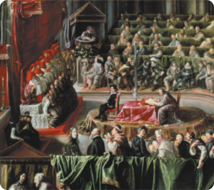 Reprodução da pintura 'O julgamento de Galileu'. A pintura mostra várias pessoas sentadas em uma bancada do lado esquerdo da imagem, uma pessoa sentada ao centro, em frente a bancada. Várias pessoas sentadas em arquibancadas.