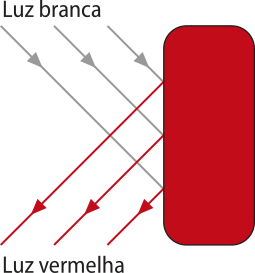 Representação de um retângulo opaco, vermelho a direita da imagem, sendo iluminado por uma luz branca, representada por setas inclinadas da esquerda para a direita da imagem, incidindo no retângulo. A luz refletida é vermelha, representada por setas, saindo do retângulo, para baixo, a esquerda.
