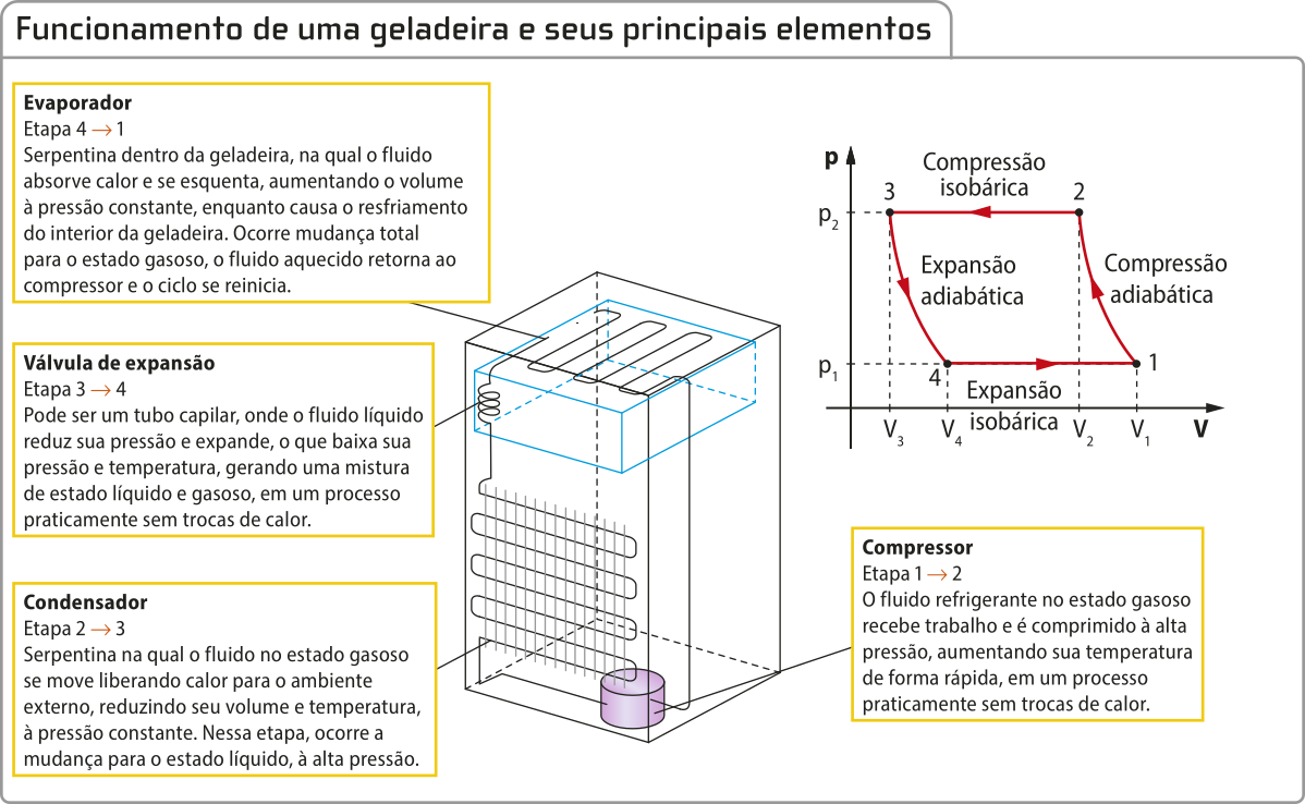Ilustração dos elementos de funcionamento da geladeira. Parte de trás da geladeira. Evaporador na parte de cima da geladeira serpentina de tubos horizontais, na lateral esquerda uma válvula de expansão que desce para outra serpentina de tubos verticais é o condensador. na lateral diireita embaixo um compressor circular.