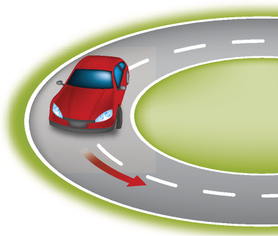 Ilustração de um carro em uma pista circular plana e horizontal.