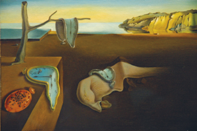 Reprodução do quadro 'A persistência da memória' de Dali. O quadro representa uma paisagem abstrata, com vários relógios de bolso redondos, com aspecto de derretidos e que estão apoiados em diferentes superfícies que se parecem com móveis e galhos de árvore.