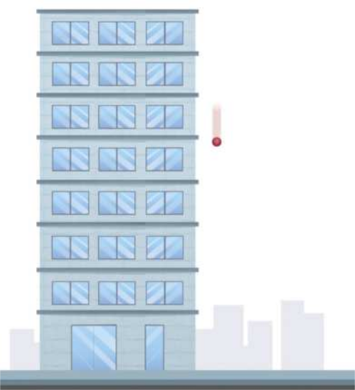 Ilustração de um edifício com 8 andares, além do térreo. Cada andar possui três janelas alinhadas, enquanto o térreo apresenta duas portas. Ao lado do edifício, há uma esfera em queda, sugerindo movimento descendente.