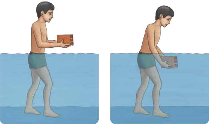 Ilustração em dois quadros. Q: Um homem, dentro da água, segura um tijolo nas mãos. Q2: O homem está segurando o tijolo dentro da água.