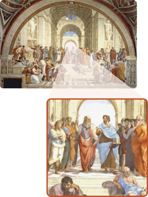 Reprodução de uma pintura 'ESCOLA DE ATENAS'[RAFAEL]. No destaque, a imagem do centro da pintura aumentada, retratando os filósofos, PLATÃO á esquerda e ARISTÓTELES á direita. eles estão em salão com colunas e arcos, vestem mantos.