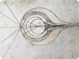 Gravura de Leonardo da Vinci, abstrata, representando círculos inseridos do lado direito e retas que saem de um ponto comum do lado esquerdo.