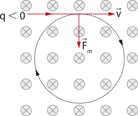 Representação de um campo magnético. Na imagem uma circunferência, com seta na borda, indicando movimento horário. Na parte superior da circunferência, uma seta horizontal, apontando para a direção direita escrito: lado esquerdo 'q minúsculo menor que zero, lado direito 'v minúsculo. Da parte superior, da borda da circunferência, sai uma seta em direção ao centro da circunferência escrito 'F maiúsculo, m minúsculo'. O fundo da imagem é ilustrado com vários círculos pequenos com xis dentro.