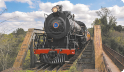 Fotografia de uma locomotiva de trem, nos trilhos, ao fundo vegetação e o céu com nuvens.