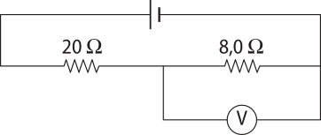 Representação de um circuito elétrico. Na imagem, um circuito retangular horizontal, com dois resistores abaixo: '20 ohms', do lado esquerdo e '8,0 ohms', do lado esquerdo. Um orifício do lado acima do retângulo e um ponto 'V' paralelo ao retângulo do lado direito.
