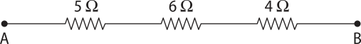 Representação de circuito elétrico. Na imagem uma reta horizontal, com ponto 'A' na extremidade esquerda, seguido de resistores '5 ohms','6 ohms',' 4 ohms' e ponto 'B' na extremidade direita.