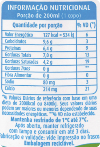 Representação de uma etiqueta com valor nutricional. Porção de 200 ml[um copo], valor energético igual a 127Kcal igual a  534kj.