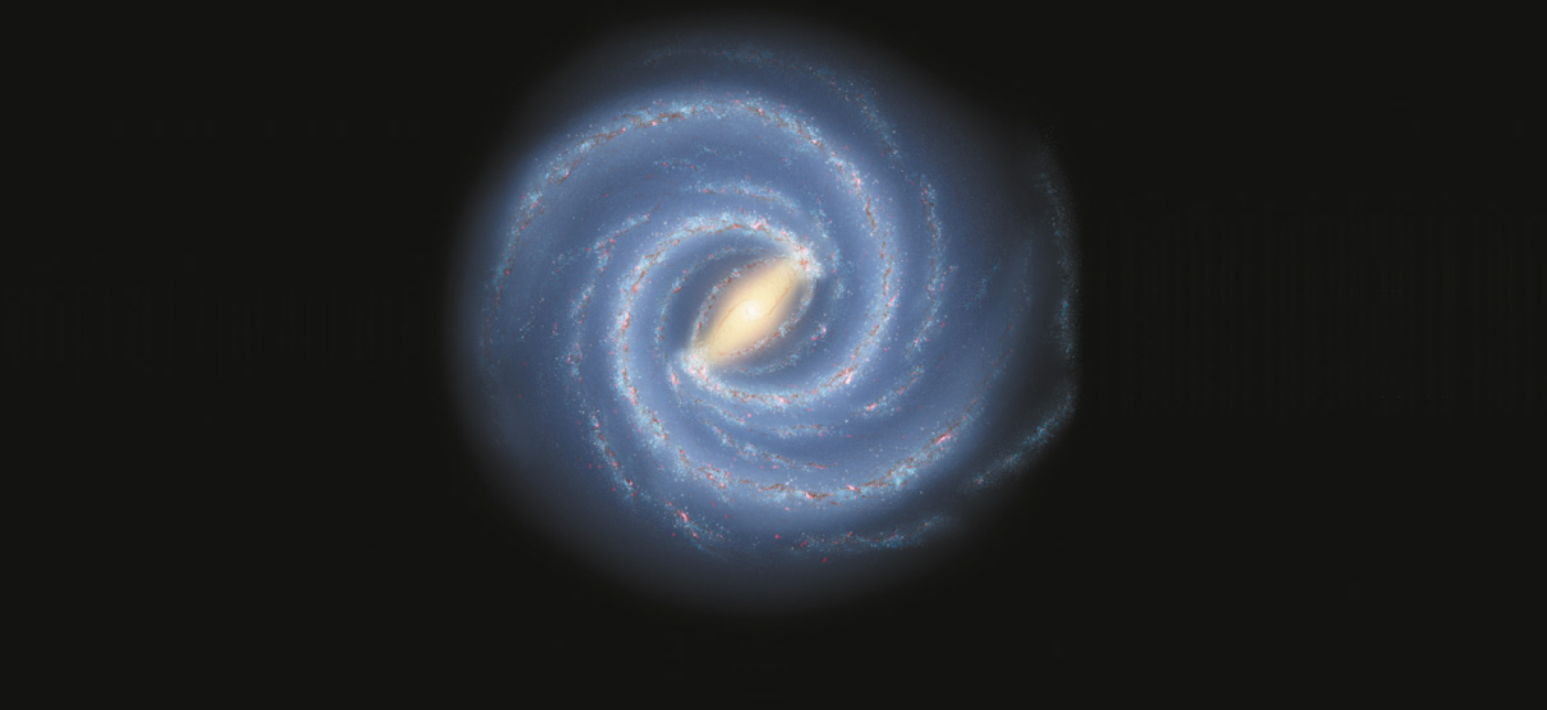 Ilustração da Via Láctea. Imagem de uma espiral, com núcleo iluminado.