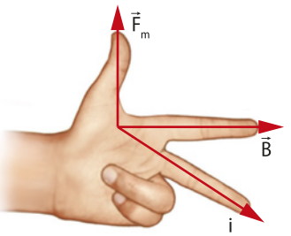 Ilustração de uma mão esquerda com o polegar, o indicador e o dedo médio estendidos e posicionados de forma perpendicular entre si, formando três eixos em ângulo reto. O polegar aponta para cima, acompanhado por uma seta vermelha com a indicação F m, representando a força magnética. O indicador aponta para a direita, com uma seta vermelha identificada como B, representando o campo magnético. O dedo médio aponta para frente, na diagonal inferior esquerda, com uma seta vermelha marcada como i, indicando a corrente elétrica.